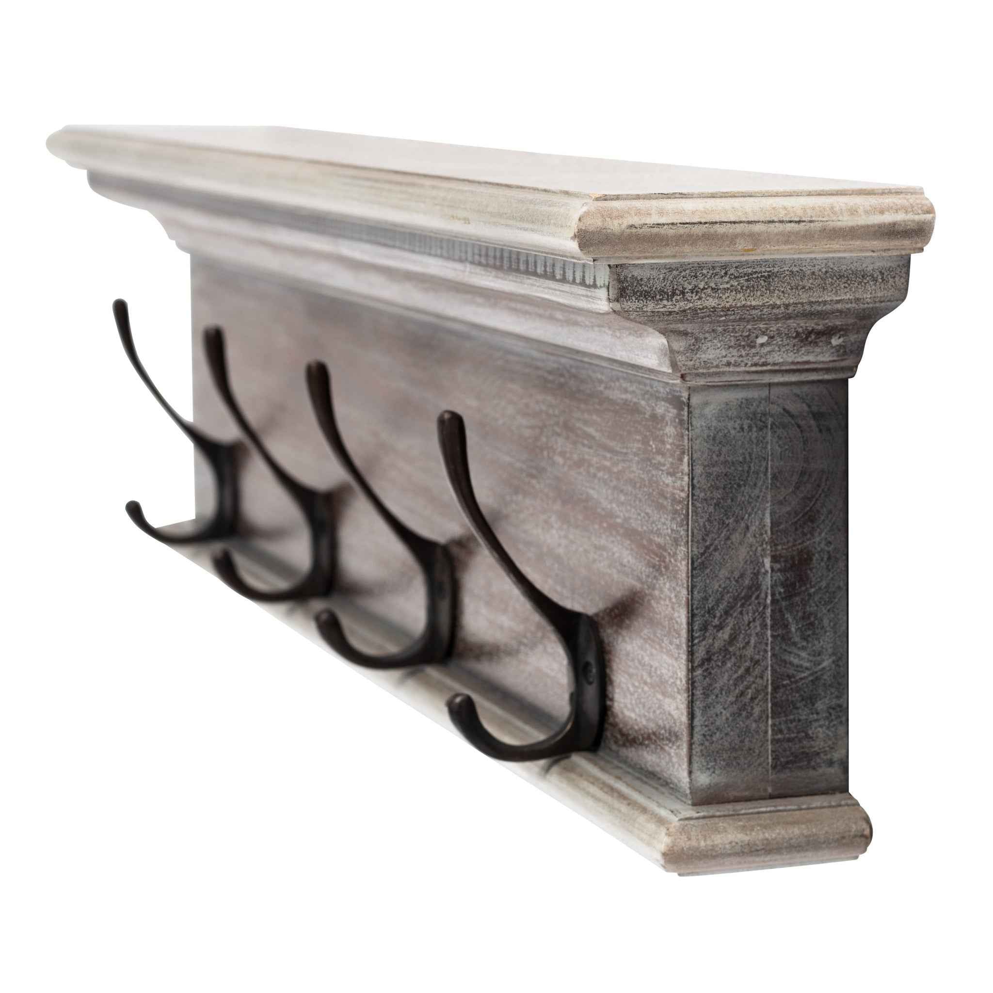 28" Brown Solid Wood Four Hook Wall Mount Coat Rack