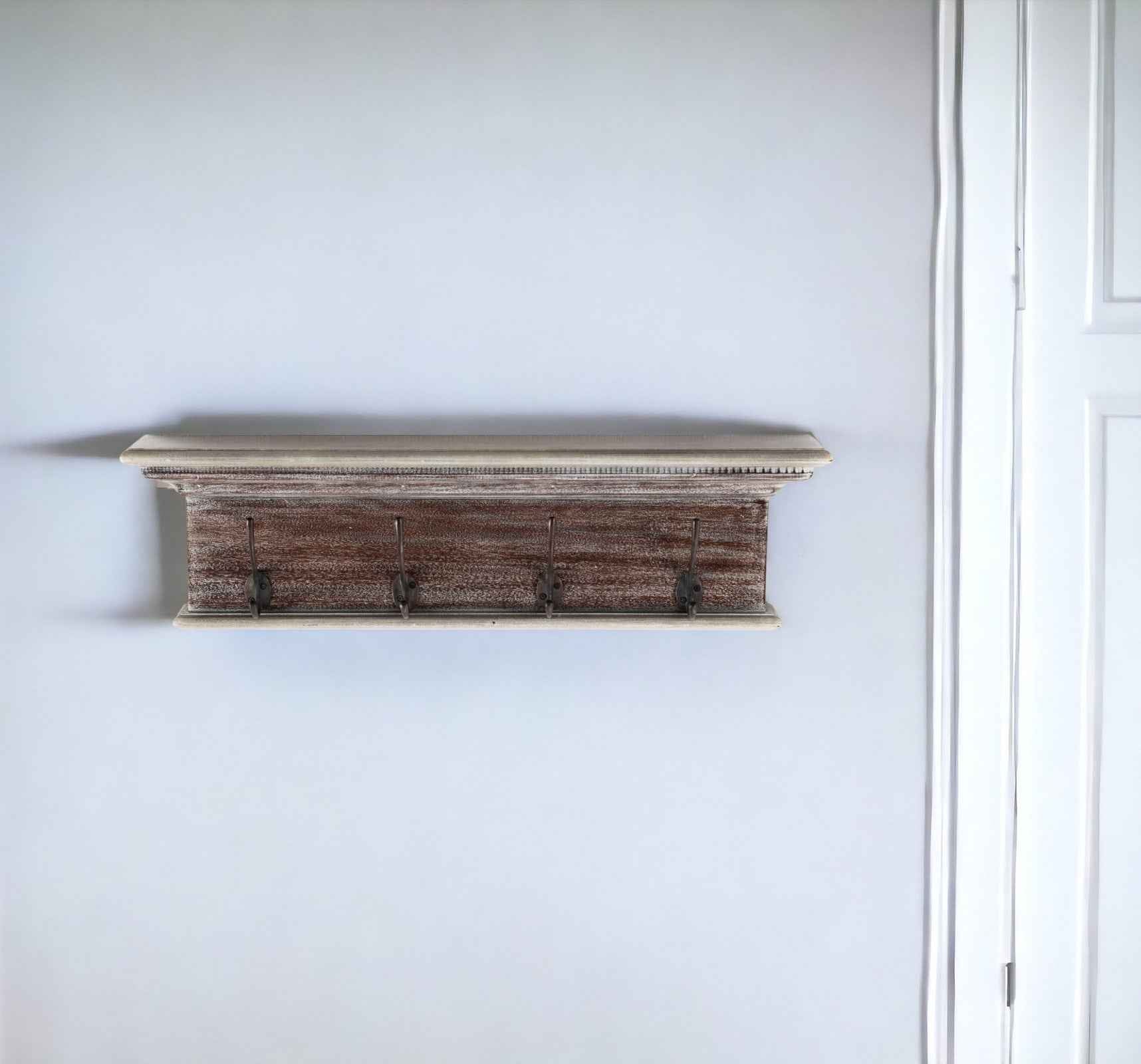 28" Brown Solid Wood Four Hook Wall Mount Coat Rack