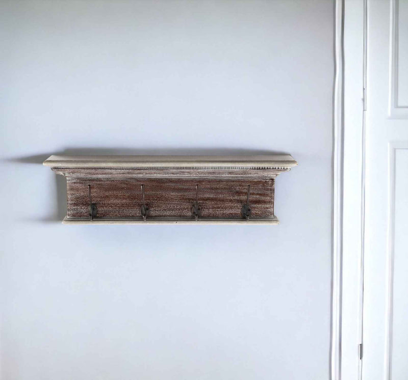 28" Brown Solid Wood Four Hook Wall Mount Coat Rack