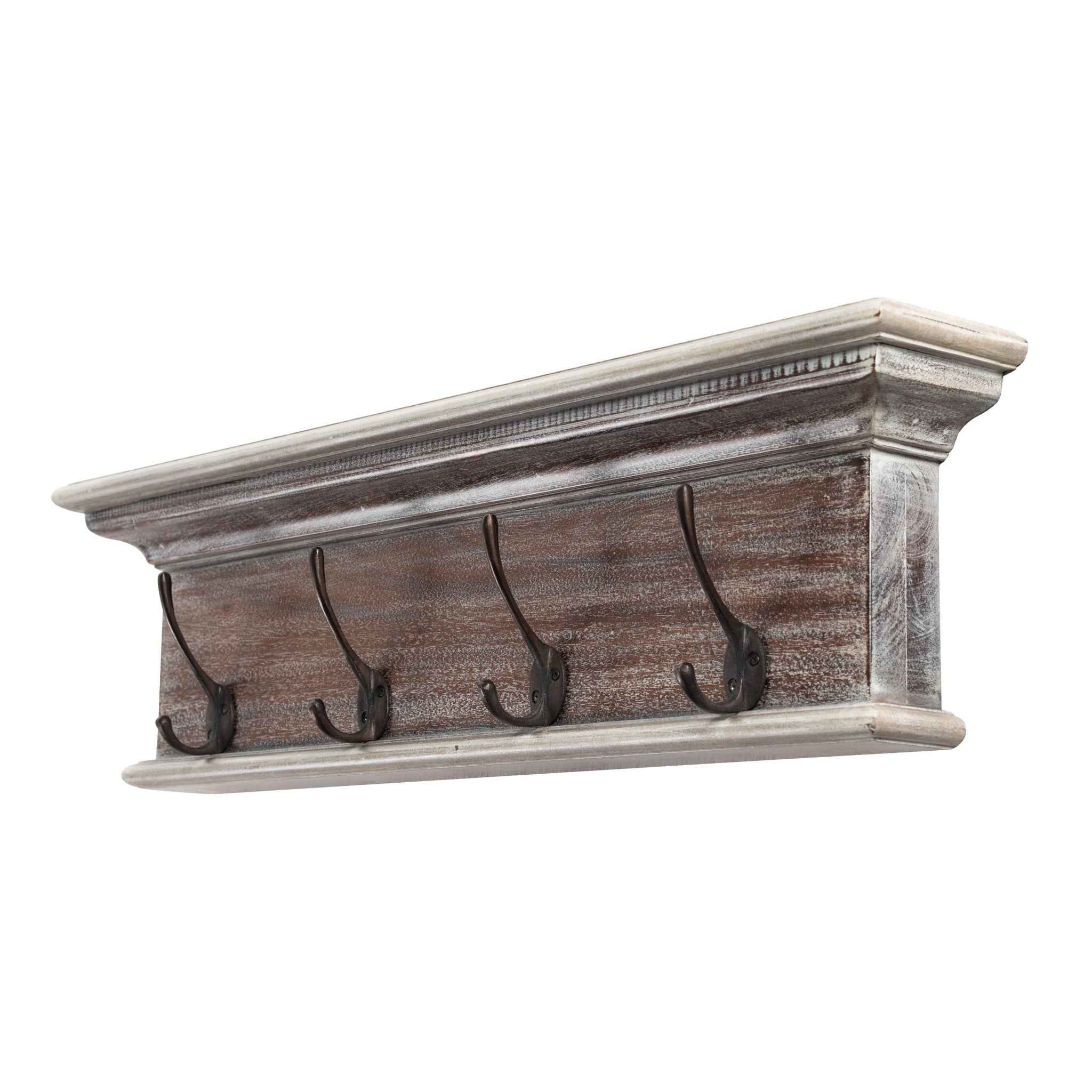 28" Brown Solid Wood Four Hook Wall Mount Coat Rack