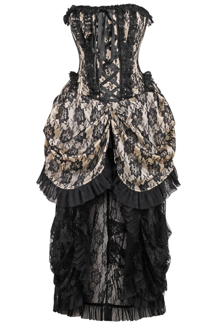 Black and cream lace corset dress with lace-up bodice and layered ruffle skirt