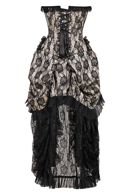 Black and cream lace corset dress with center-back lacing and layered bustle skirt