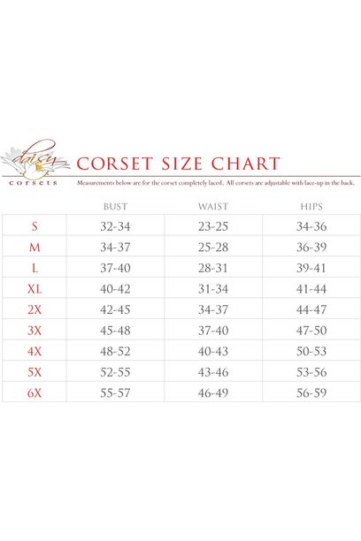 Corset size chart with bust, waist, and hips measurements for sizes S–6X