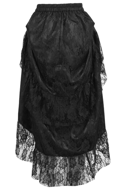 Black lace high-low bustle skirt with gathered waistband and scalloped lace hem