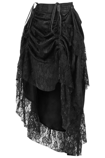Black lace high-low skirt with layered lace panels and gathered elastic waist