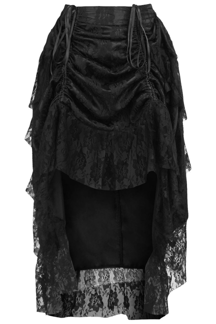Black lace high-low skirt with adjustable drawstring waistband and layered ruffle hem