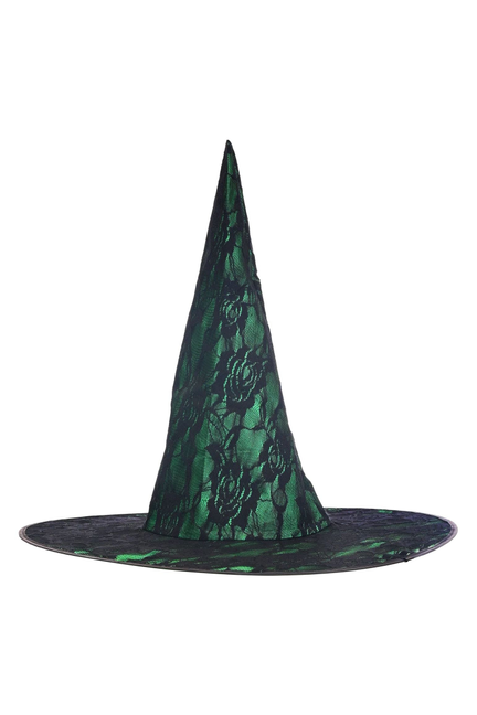 Green lace witch hat with pointed crown and wide brim