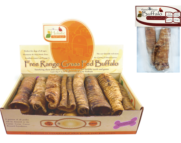 Cardboard box of rolled grass-fed buffalo dog treats, 6 inch pieces, in open tray