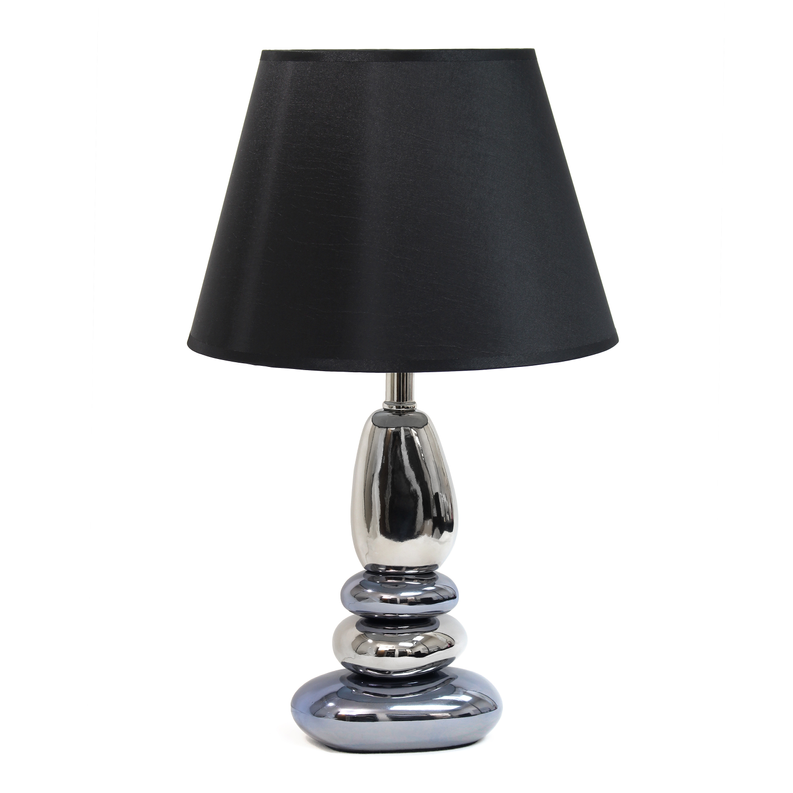 Black drum shade table lamp with chrome stacked base, front view
