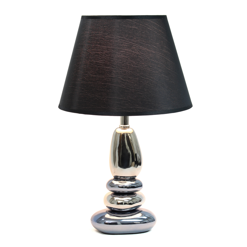 Black drum shade table lamp with glossy chrome stacked base