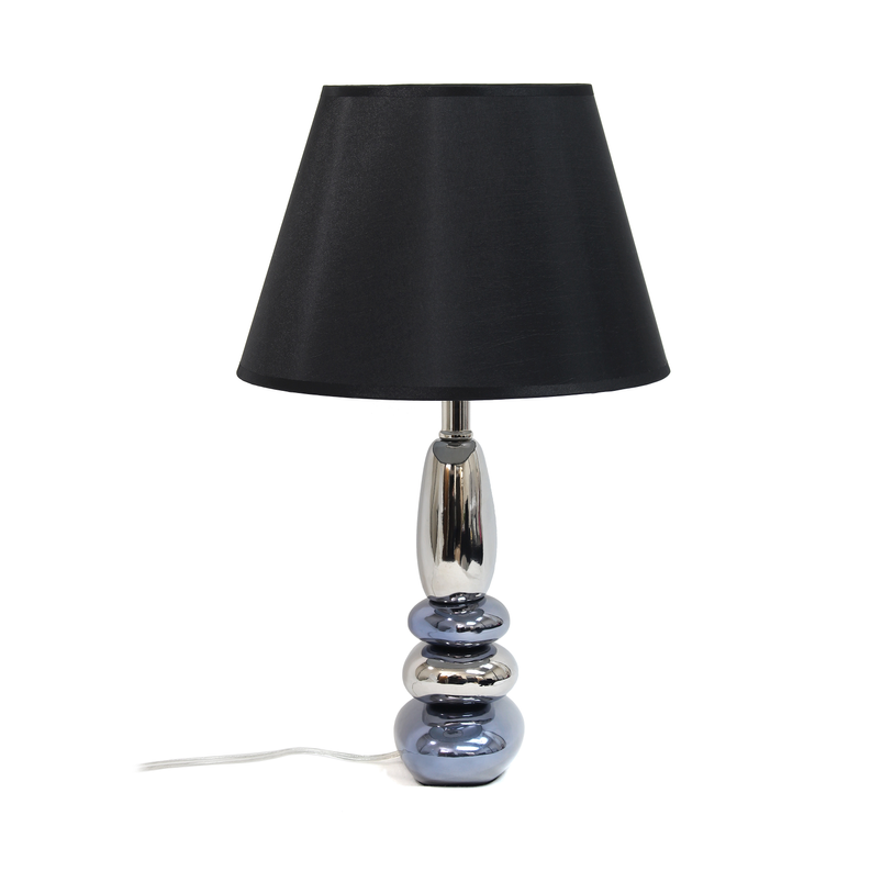 Black fabric table lamp shade with chrome stacked base and white cord
