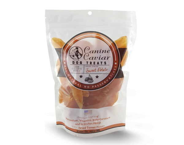 Bag of dried sweet potato dog treats with resealable package and clear window