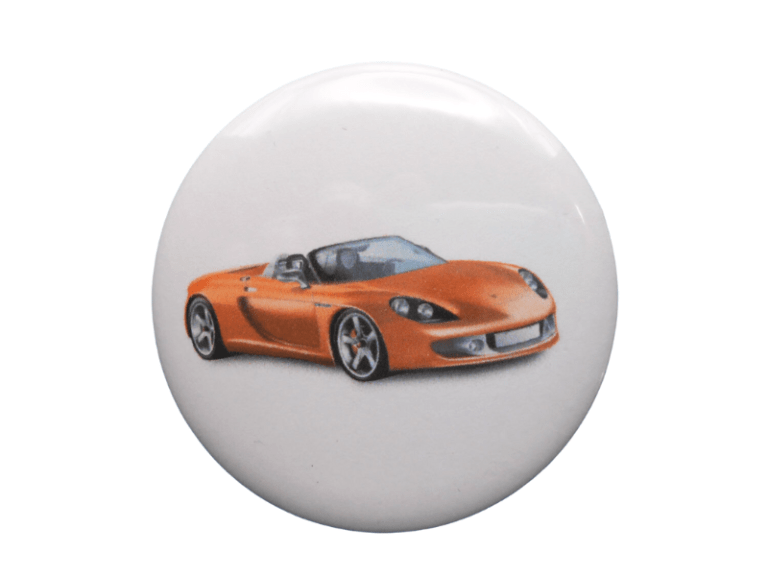 2.25 inch round car badge with orange sports car and dark wheels