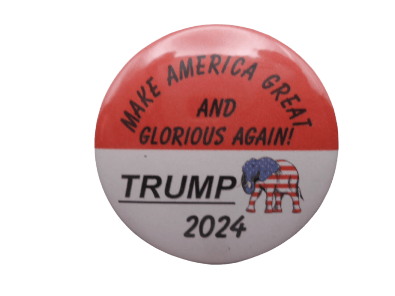 Round Trump 2024 campaign button with elephant and 'Make America Great' text