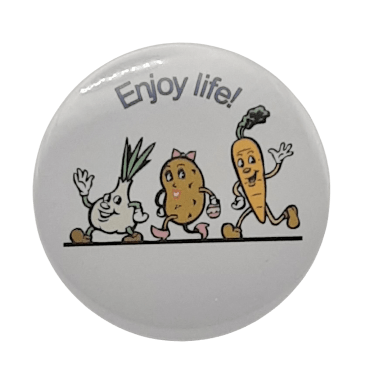 Round white button badge with 'Enjoy Life!' text and cartoon animals illustration