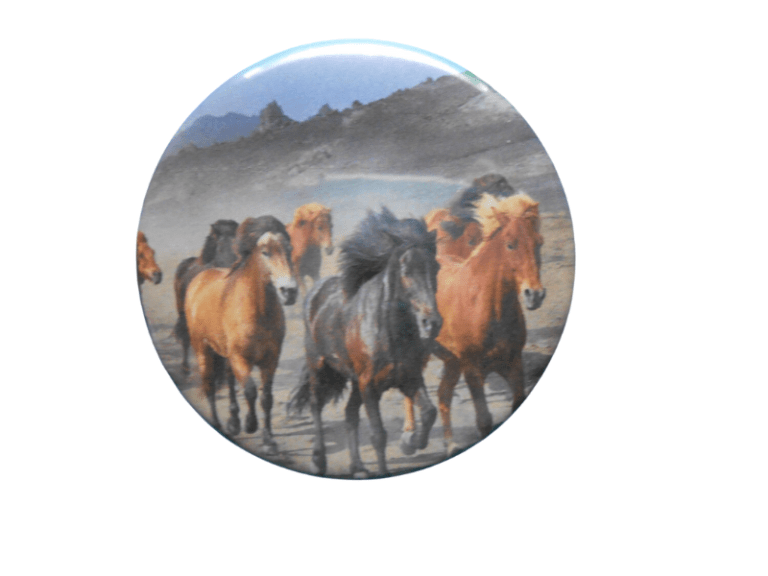 Round badge with a herd of horses graphic