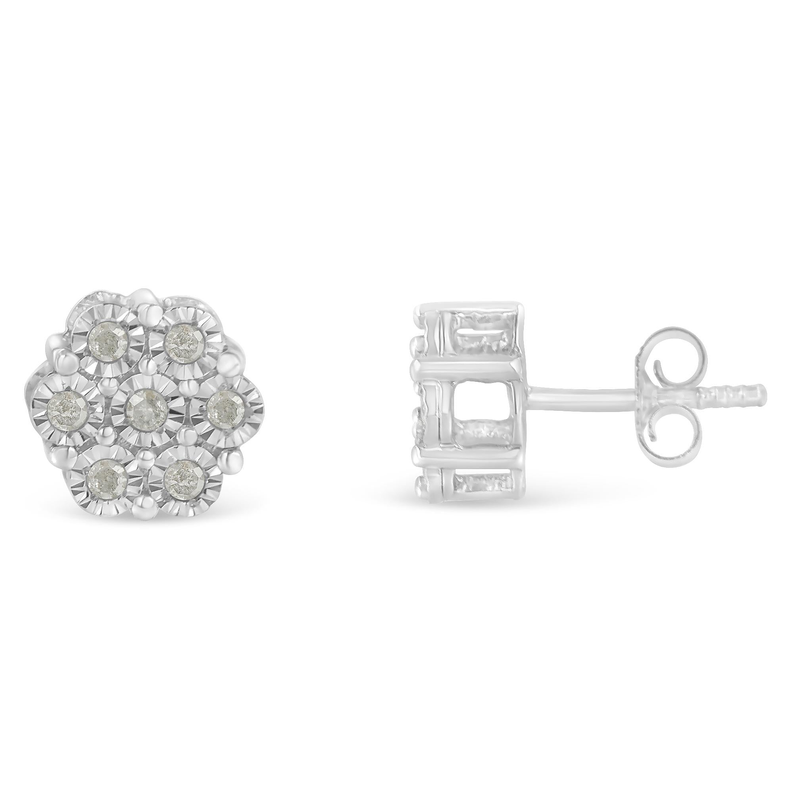.925 Sterling Silver 1/4 Cttw Round-Cut Diamond Miracle-Set Floral Cluster Button Stud Earrings (I-J Color, I3 Clarity) Luxcom