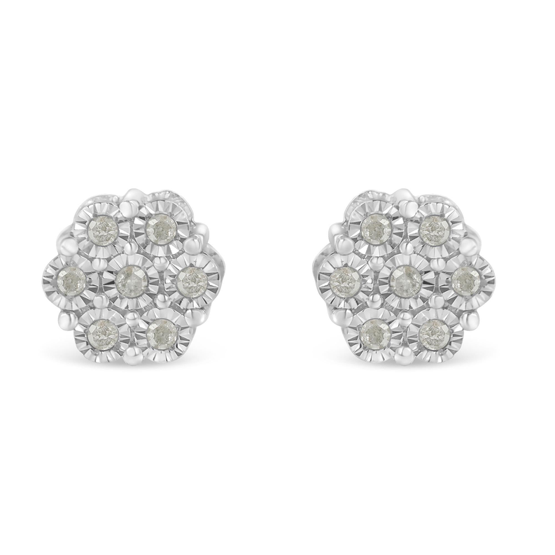 .925 Sterling Silver 1/4 Cttw Round-Cut Diamond Miracle-Set Floral Cluster Button Stud Earrings (I-J Color, I3 Clarity) Luxcom