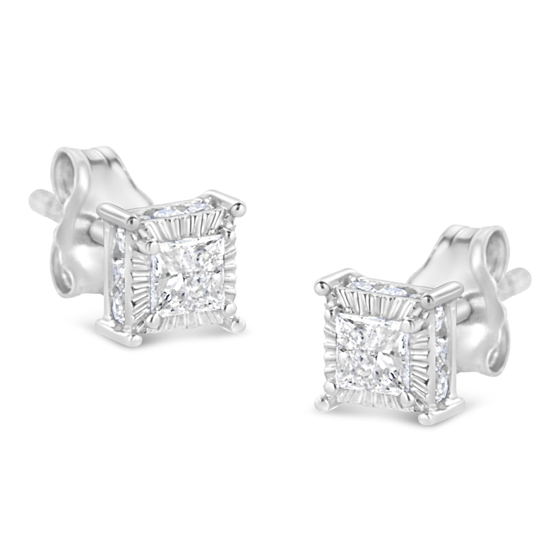 .925 Sterling Silver 1/2 Cttw Princess-cut Diamond Stud Earring (I-J Color, I2-I3 Clarity) Luxcom