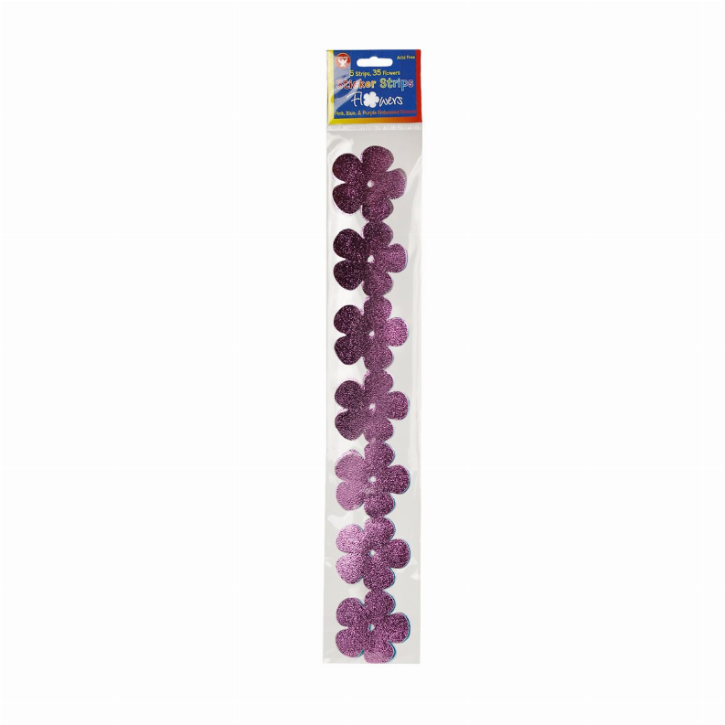 Glitter flower sticker strip in purple tones, five-petal flower shapes