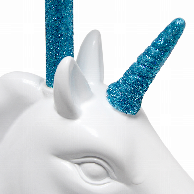 White unicorn lamp base with blue glitter horn and centered switch detail