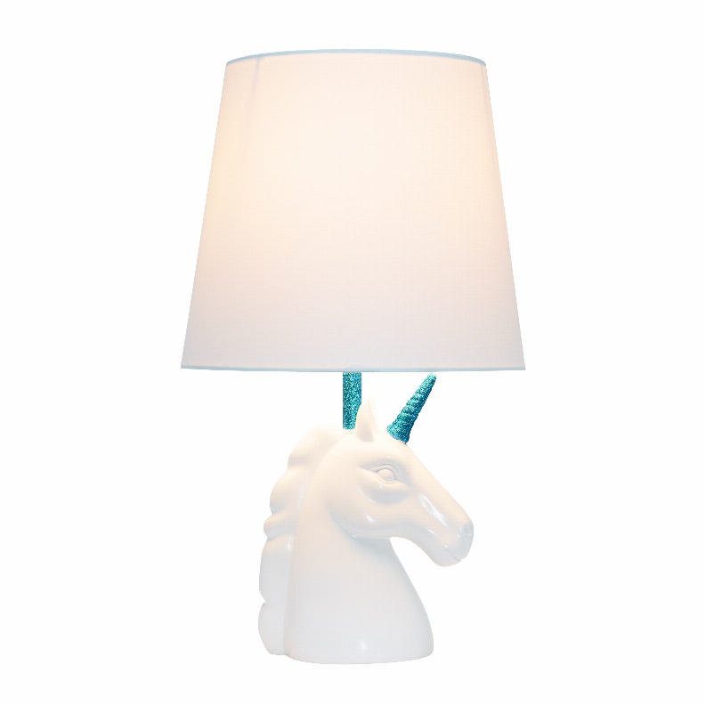 White unicorn table lamp with blue glitter horn and white fabric shade