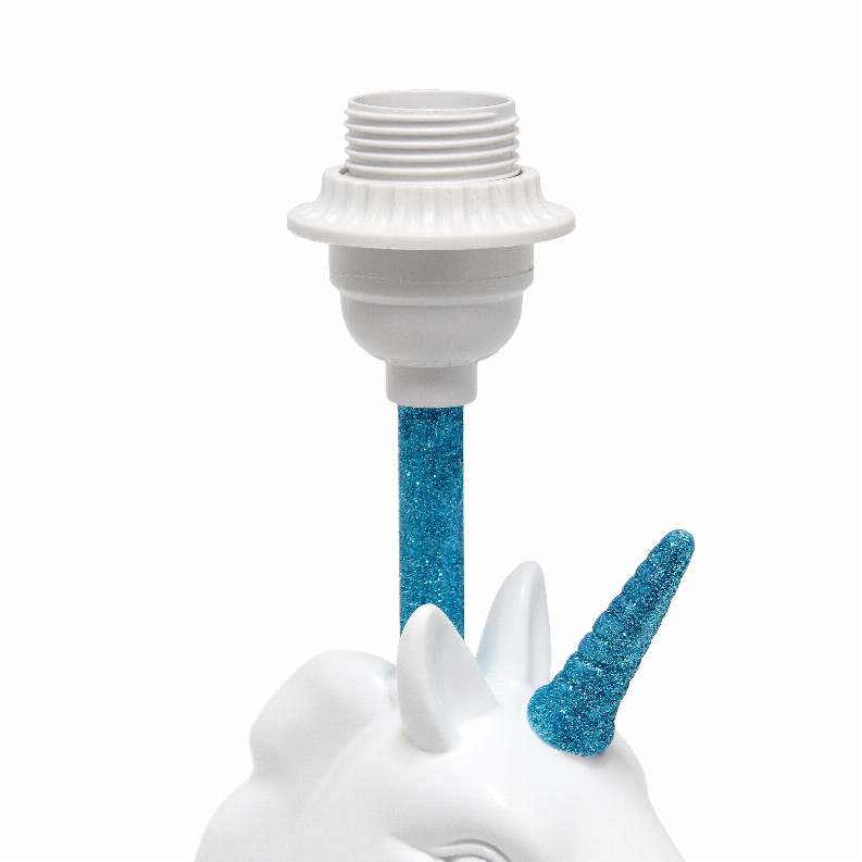 Unicorn table lamp with white shade and blue glitter horn on white base