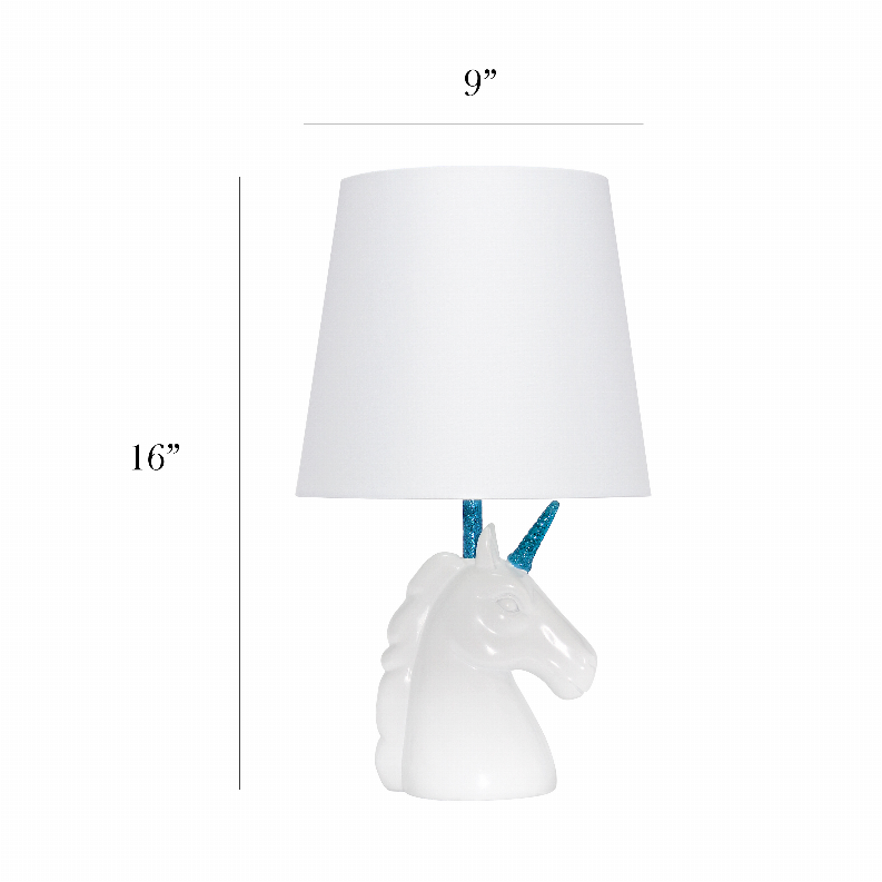 Unicorn table lamp with blue glitter horn, white fabric shade; 16 in tall