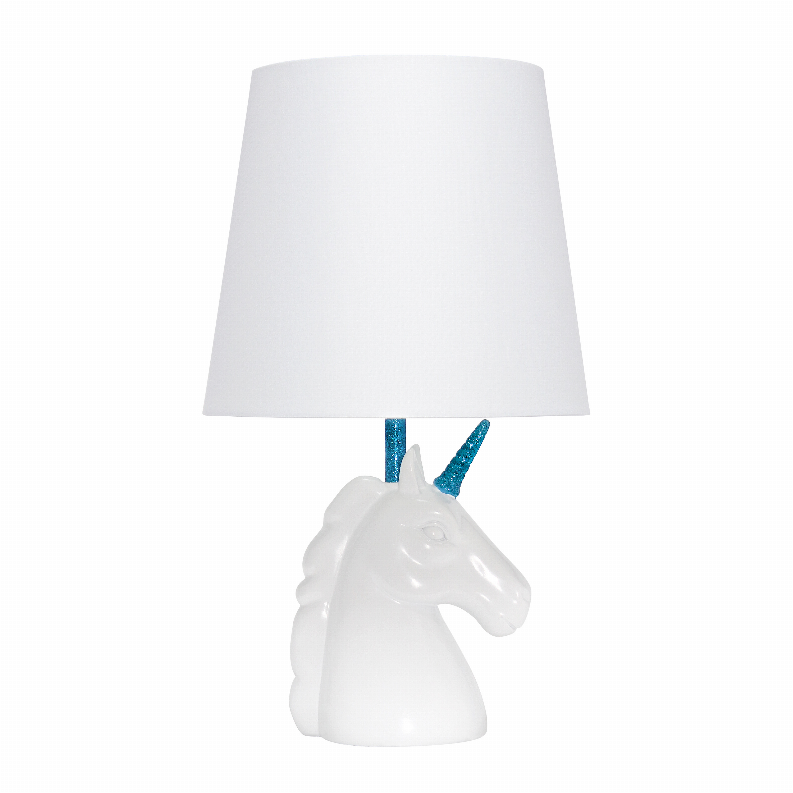 White unicorn table lamp with white fabric shade and blue glitter horn