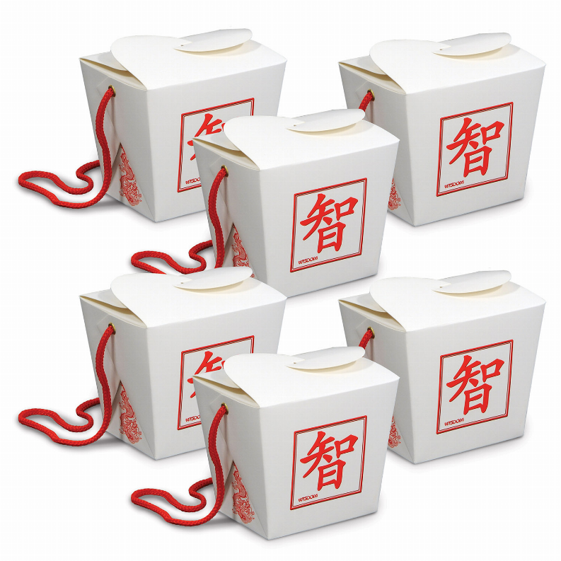 White cube favor boxes with red square label and red rope handles, multiple set
