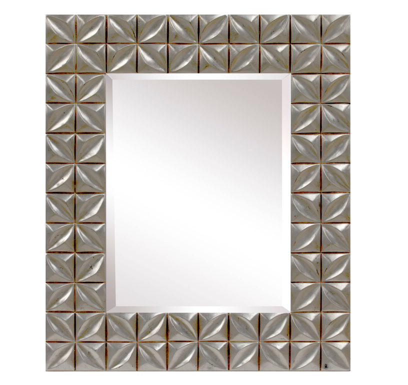 Silver distressed square wall mirror with geometric cube-like tile border.