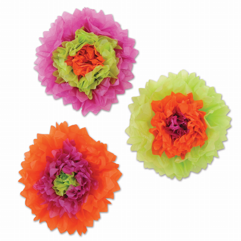 Large layered tissue pom-pom flowers: pink-lime-orange, orange-purple, and lime-orange blooms