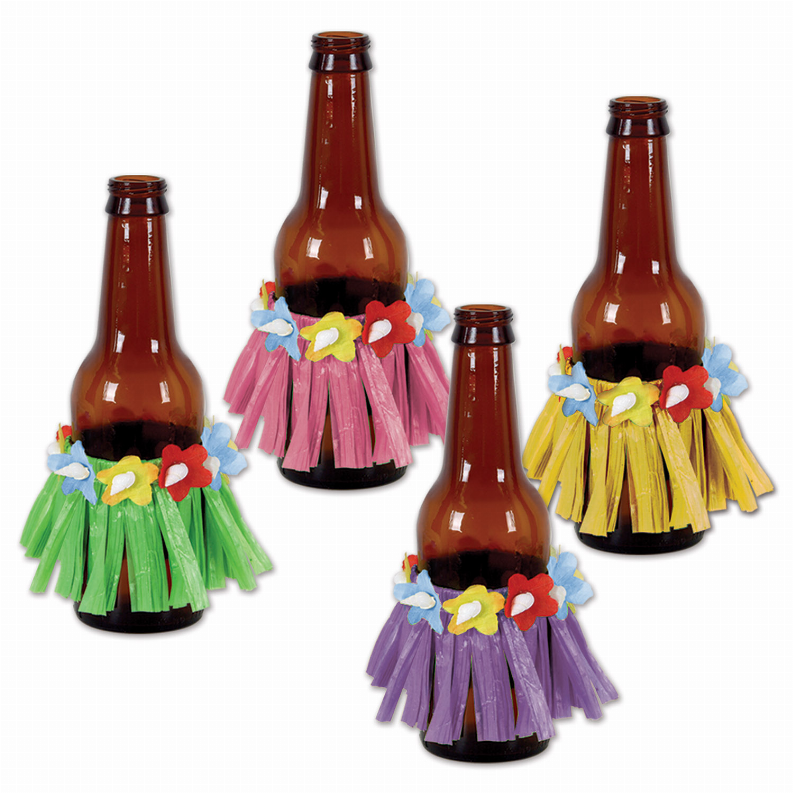 Bottles with colorful hula skirt tassels in pink, yellow, purple, and green