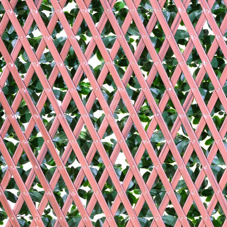 Pink diamond lattice faux privacy fence with leaf cutouts