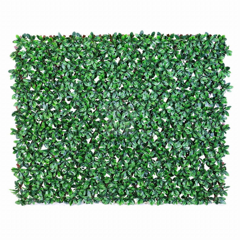 Green faux privacy fence panel with dense layered leaf pattern