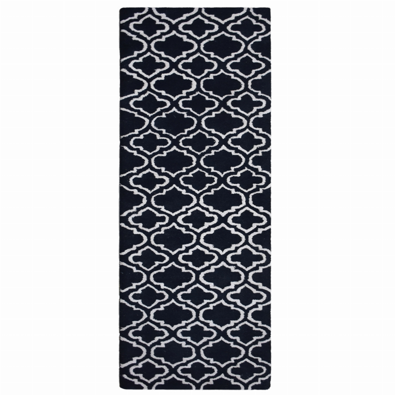 Hand-tufted wool runner rug with navy and white geometric quatrefoil pattern