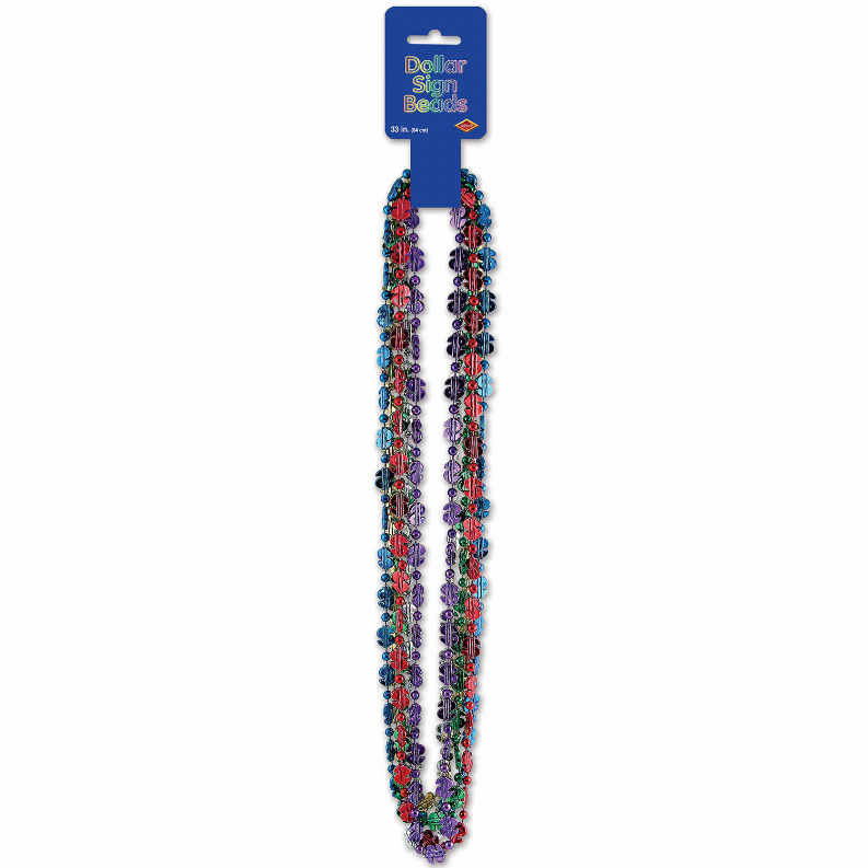 Multicolor beaded necklace strands, small round beads in blue, purple, and rainbow colors.