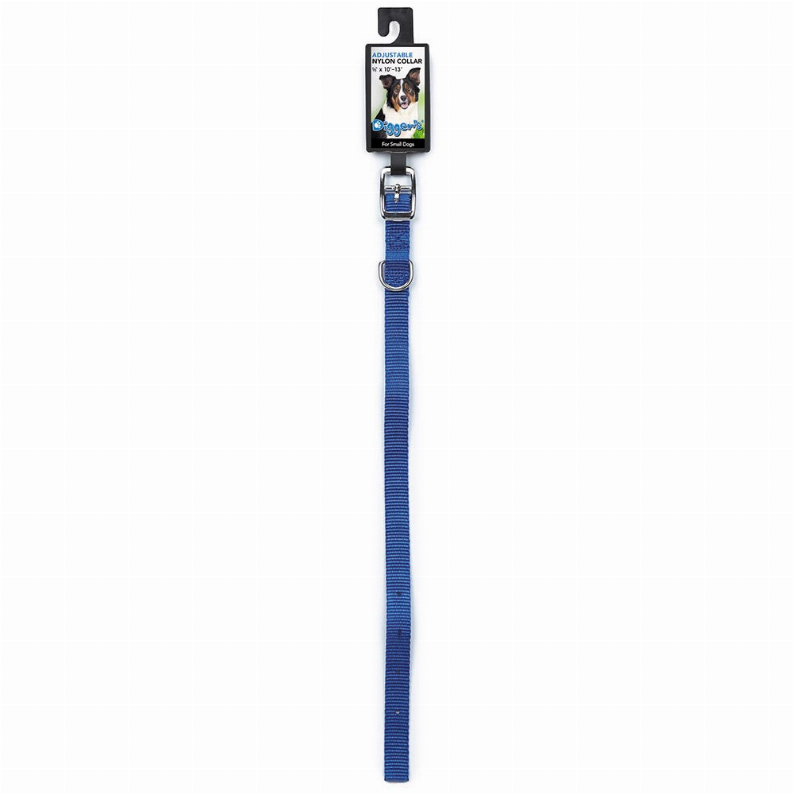 5/8-inch blue nylon dog collar with metal buckle and D-ring, hang tag attached