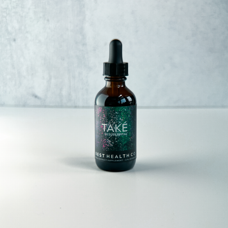 Amber glass dropper bottle with black cap and TAKE label, centered product view.
