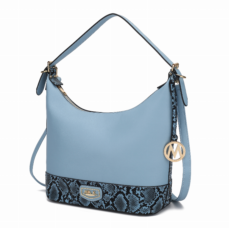 Light blue shoulder bag with hobo shape, faux snakeskin trim and side logo charm