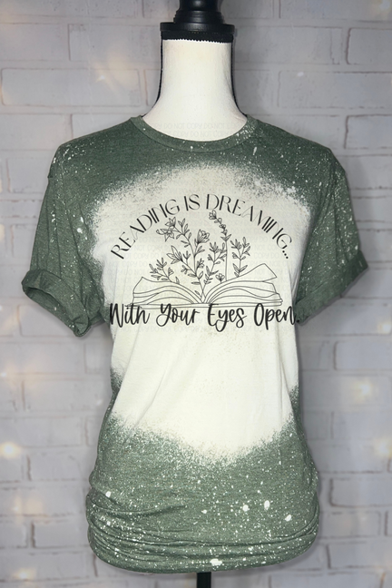 Dark green bleached graphic tee with off-white center print, short sleeves, crew neck