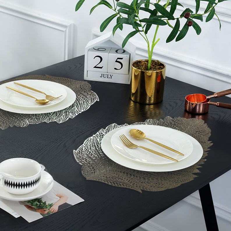 Silver leaf cut-out vinyl placemat set, oval lace pattern for table settings