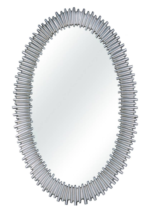 Oval wall mirror with silver ribbed trim along the edge and clear reflective center.