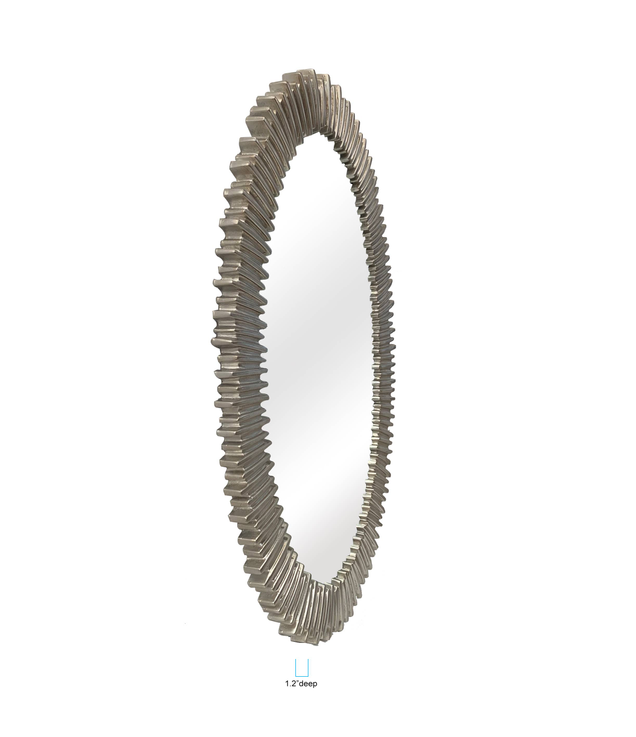 Oval wall mirror shown from the side, brushed silver ribbed frame edge.