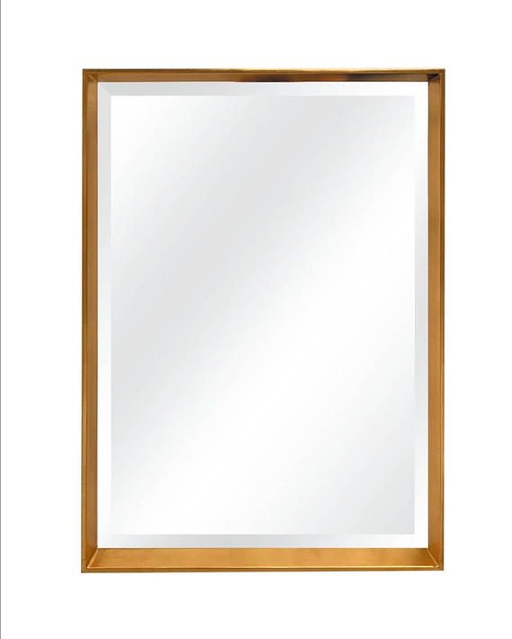 Square gold-framed wall mirror with reflective glass and tray-style border