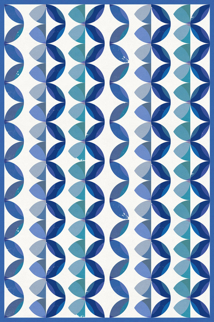 Blue, gray, and aqua vinyl floor covering with large petal motifs and vertical stripe layout
