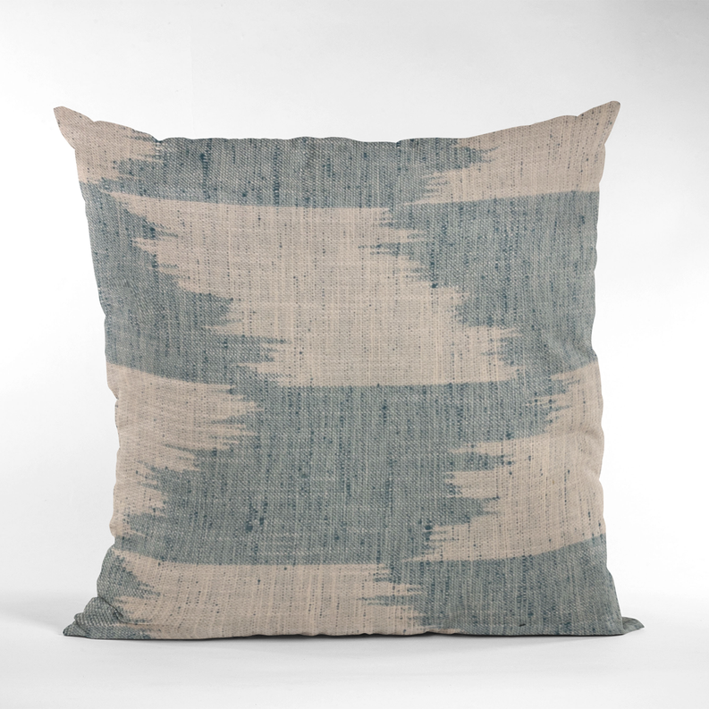 Blue and beige abstract square throw pillow cover, centered close-up