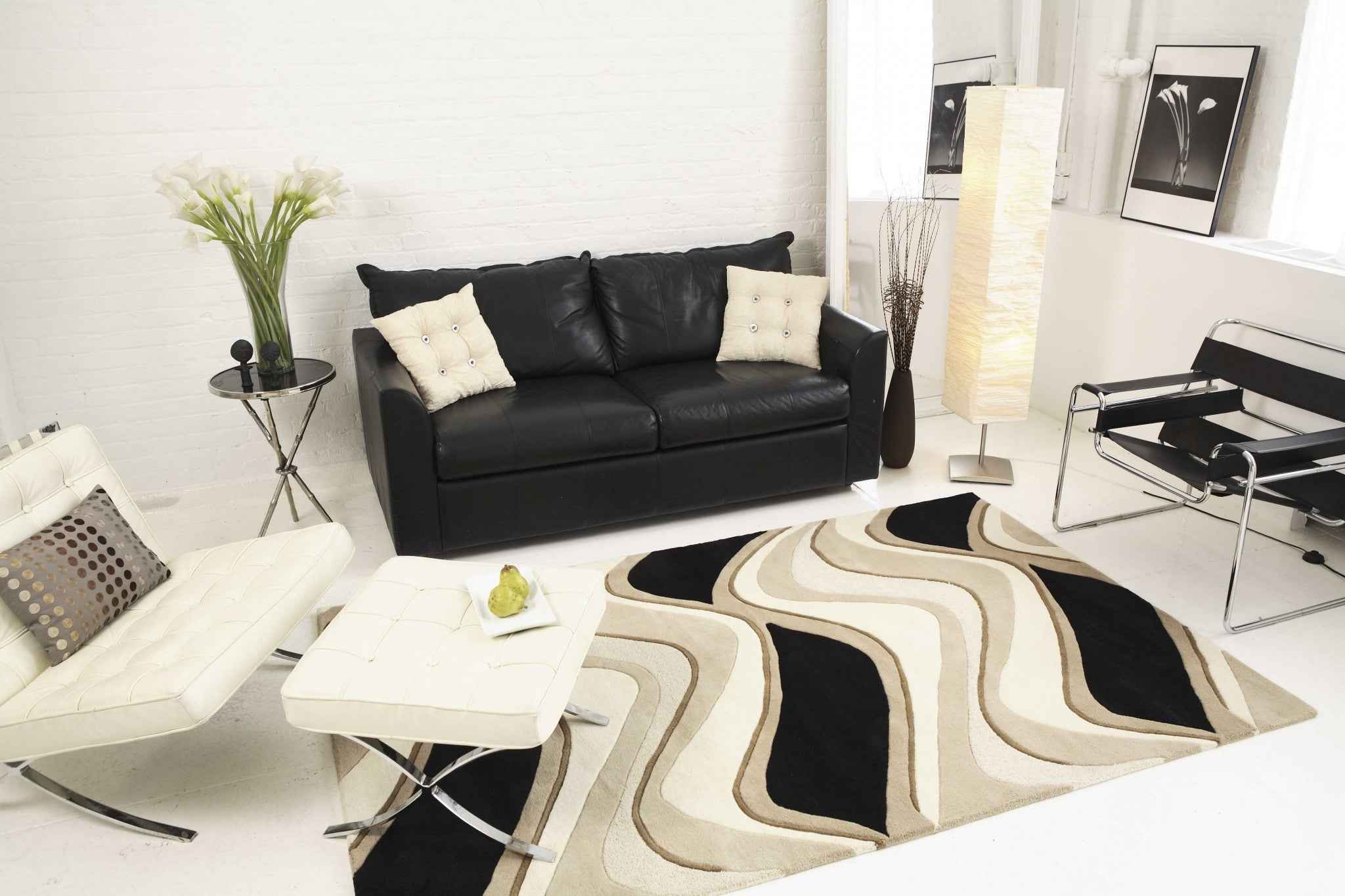 8'X11' Black Beige Hand Tufted Abstract Waves Indoor Area Rug