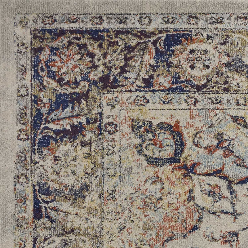 5' X 8' Ivory Blue And Orange Medallion Area Rug - Home Decor
