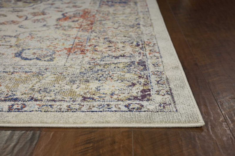 5' X 8' Ivory Blue And Orange Medallion Area Rug - Home Decor